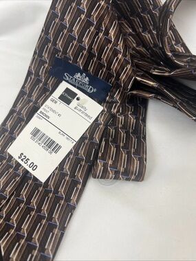 Stafford Neckwear Mens Taupe Brown Blue White Geometric Print Silk Tie 3.75”x56”